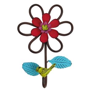 Metal Bird & Flower single Hook 10" Yellow blue red daisy canary